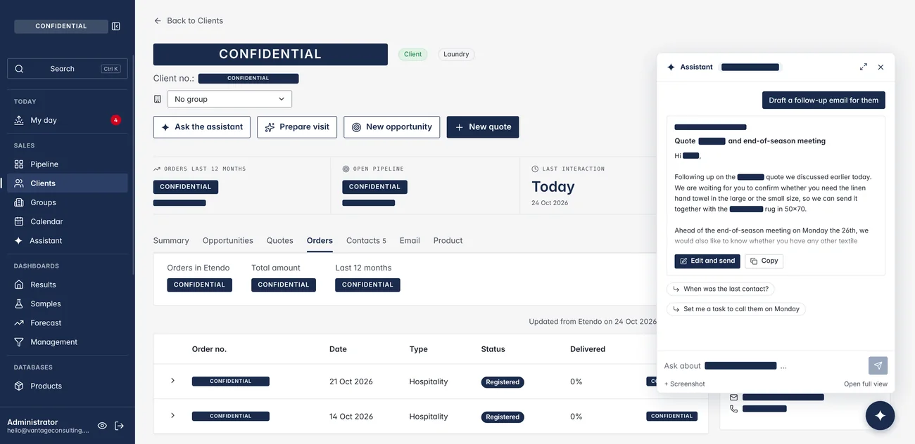 Client 360° page of the platform, names masked