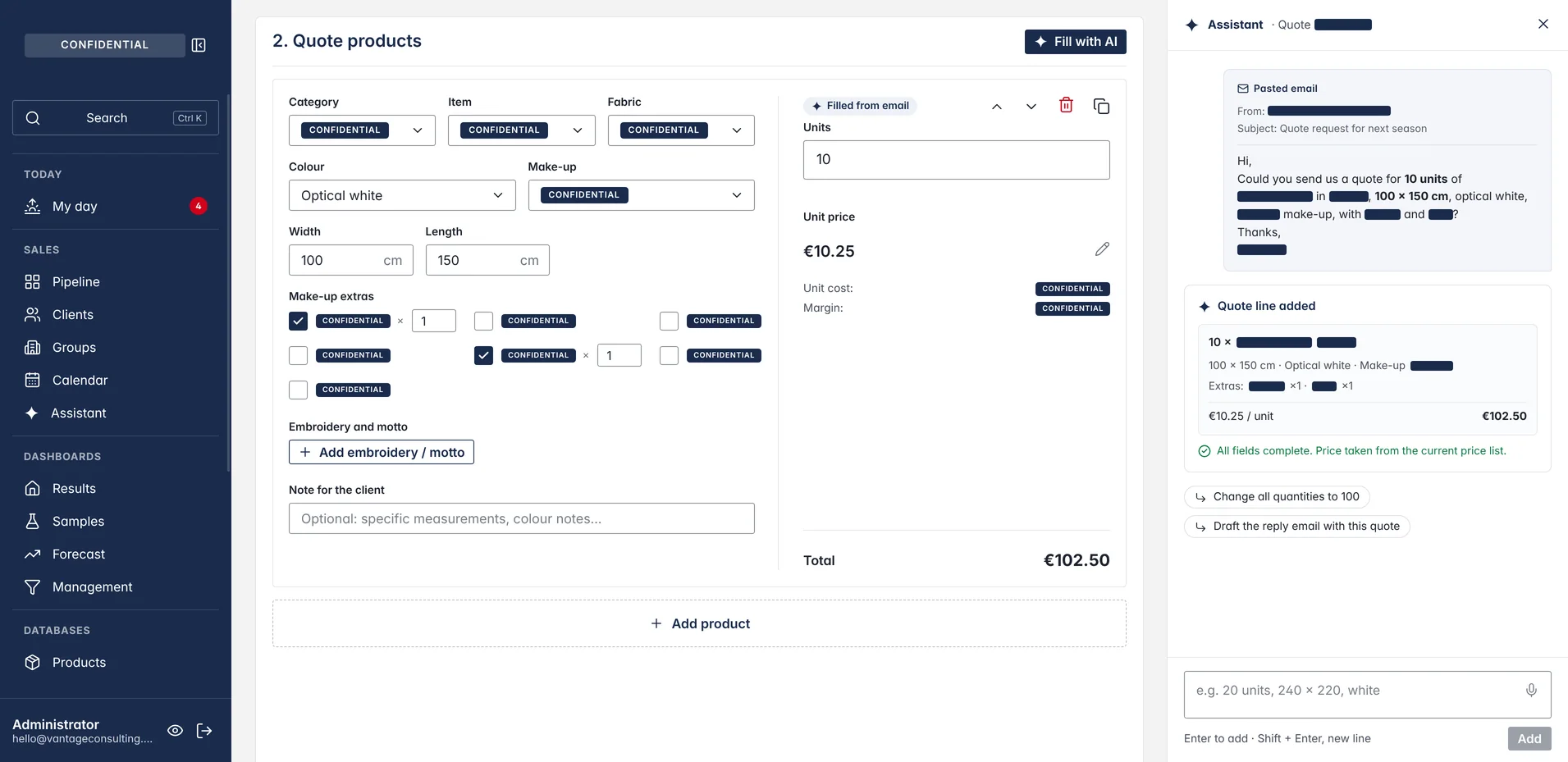 Quote builder with AI fill, names masked